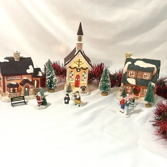 Vintage Christmas Lighted church store and house town set holiday decor - Picture 3 of 11